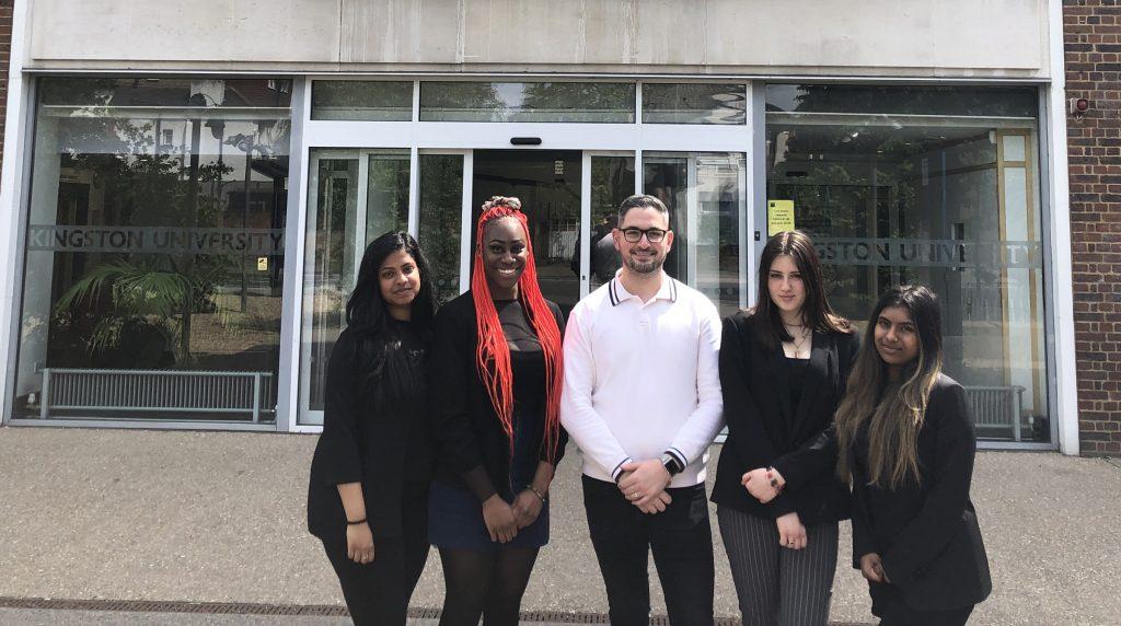 Laboratory science students from Ursuline School Latusha, Agatha, Bernadeta and Aksara (L to R) are the first group to be offered T-level placements by Kingston University and visited campus with their Assistant Headteacher Ben Barton (centre).